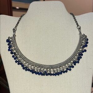 Stunning Crescent Silver Blue Necklace with Elegant Beaded Fringe